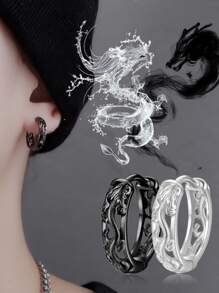 2pcs Black Vintage Chinese Dragon Shaped Clip-on Earrings For Men, Minimalist Style, Suitable For Daily Wear - Black - View 1