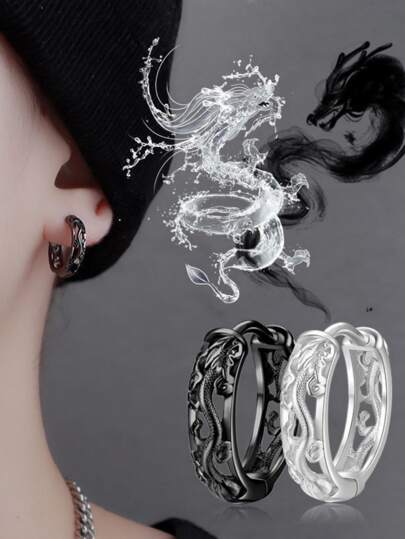 2pcs Black Vintage Chinese Dragon Shaped Clip-on Earrings For Men, Minimalist Style, Suitable For Daily Wear