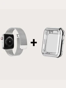 1 Set Of Compatible Milanese Loop Mesh Metal Strap & Metal Shockproof Screen Protector Integrated Watch Case In Silver Compatible With Apple watch 40mm 41mm 44mm 45mm Se/9/8/7/6/5/4, For Both Genders With Fashionable Design - Silver - View 2
