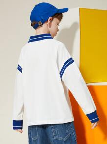 男孩條紋印花落肩袖POLO衫 - 白色 - 查看 5