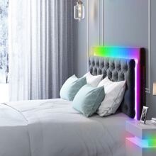Mjkone Bed Frame, Velveteen RGB LED Bed Frame with Adjustable Headboard, Upholstered Mattress Frame with Button Tufted Headboard for Bedroom