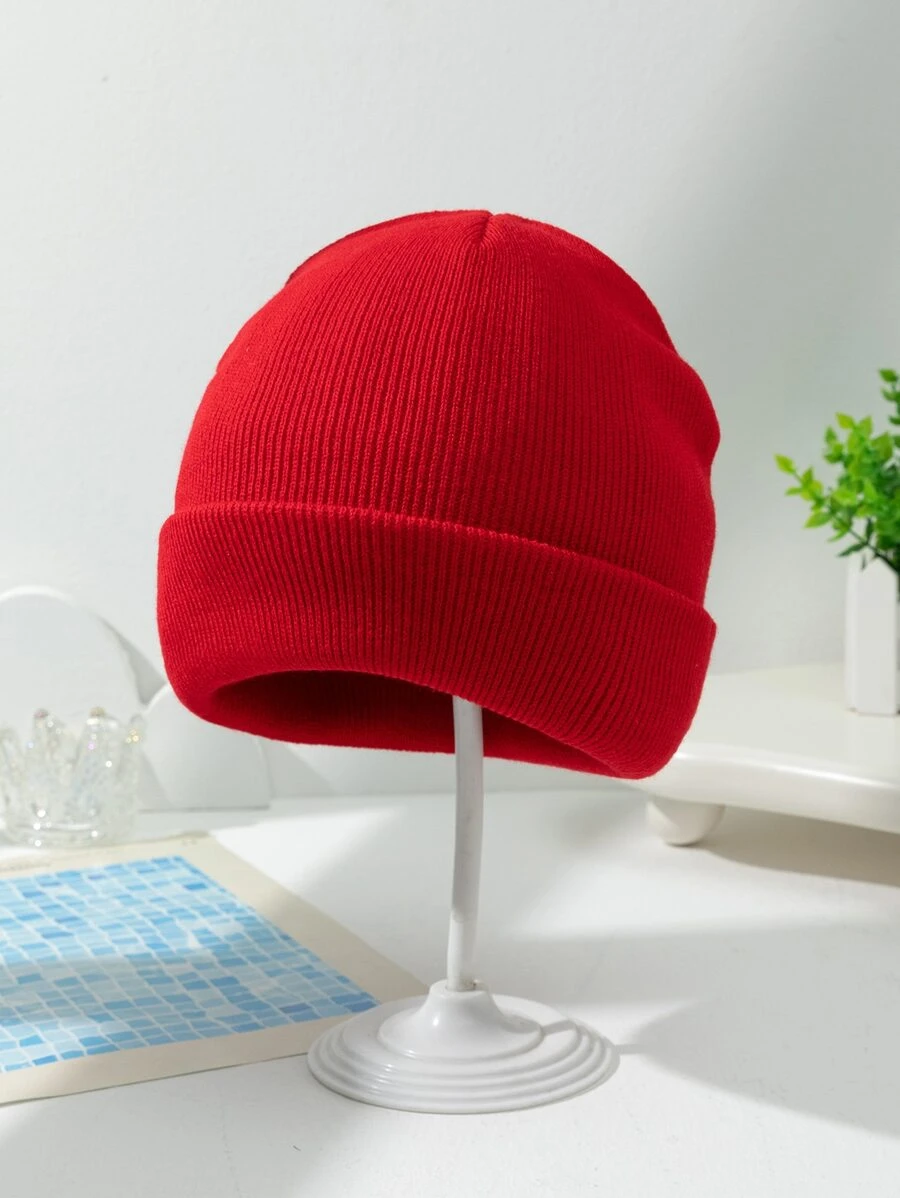 1pc Unisex Red Solid Knitted Hat, Warm Woolen Cap For Daily Wear - Red - View 1