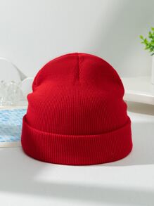 1pc Unisex Red Solid Knitted Hat, Warm Woolen Cap For Daily Wear - Red - View 4