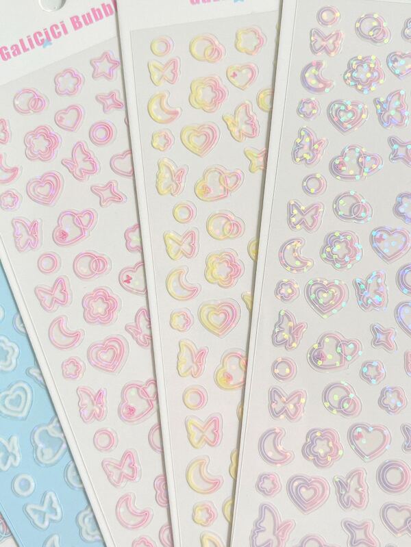 1pc Random Color Laser & Glitter Gradient Transparent Sticker Set With Butterfly, Heart, Moon And Flower Patterns For Bullet Journal, Scrapbooking Diy Decoration Back To School