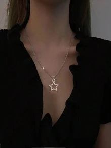 Collar En Forma De Colgante De Estrella Grande De Estilo Gótico Vintage Con Cadena De Acero Inoxidable - Plateado - Ver 2