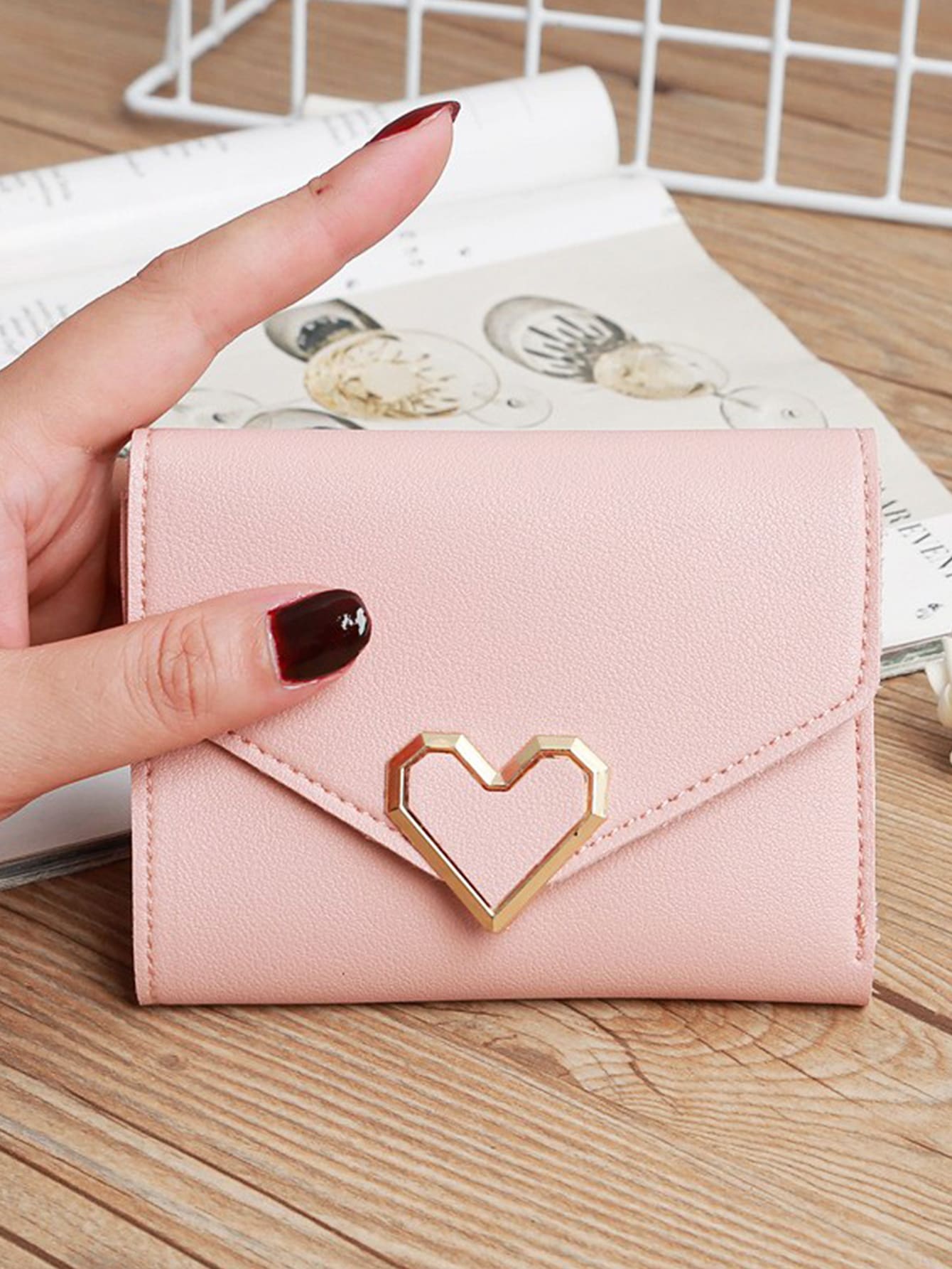 1個可愛清新的粉色心形三摺兒童零錢包,兒童禮物 - 粉色 - 查看 1