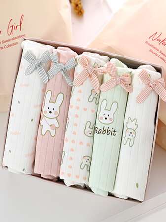 5入組隨機可愛的日式女士內衣,卡通兔印花和彈性腰帶,中腰短褲