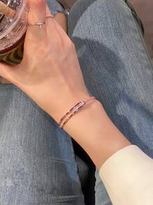 1 件裝時尚奢華銅和氧化鋯開口袖口手鐲帶星星裝飾適合女士日常休閒裝 - 玫瑰金 - 查看 2