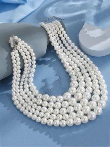 1pc Multi-Layer ABS Faux Pearl Necklace, Suitable For Important Occasions - White - View 2