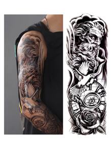 Full Arm Temporary Tattoo Sticker, Black & White Big Design With Animal And Floral Patterns, Unisex, 1pc - Black - View 2