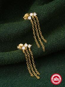 1 đôi 925 sterling bạc Ba Tua Dài Bông tai stud Khối Zirconia  Dangles Hoa tai Đối với phụ nữ Thời trang Tốt Hoa tai Đồ trang sức - Vàng - Xem 3