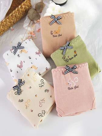 5件/包随机森系松鼠印花女士内裤，中腰低腰三角内裤