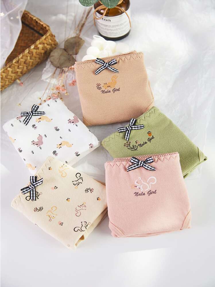 5pcs/Pack Random Mori Style Squirrel Print Women's Panties, Mid-Waisted Hipster Triangle Underwear - Multicolor - View 3