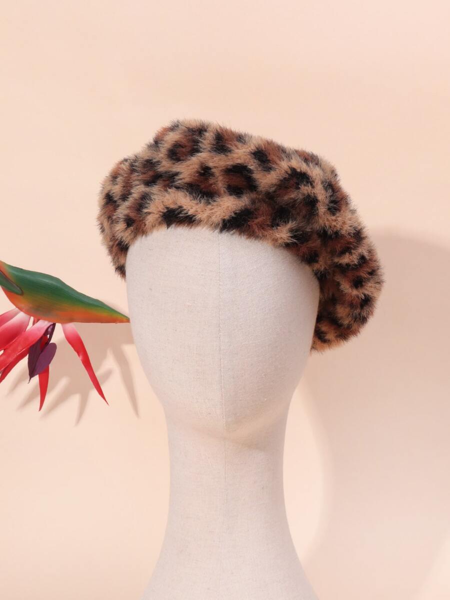 1入組女性豹紋毛絨保暖&時尚貝雷帽帽在歐美風格,合適的適用於節日,派對,戶外運動和日常穿著