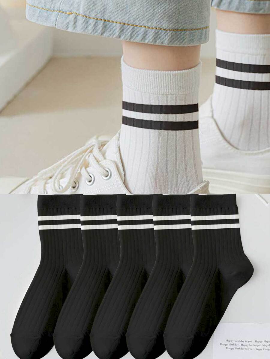 10對/組垂直條紋黑色中筒襪,35-43尺寸通用,情侶襪 - 黑色 - 查看 1