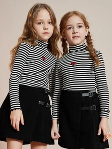 Girls 1pc Striped Print Heart Embroidery Lettuce Trim Tee