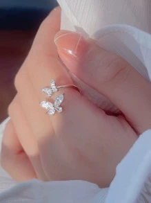 1枚蝴蝶造型獨特設計可調開口戒指,鑽石鋯女性戒指 - 銀色 - 查看 1
