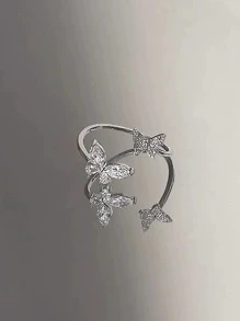 1枚蝴蝶造型獨特設計可調開口戒指,鑽石鋯女性戒指 - 銀色 - 查看 2