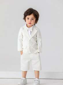 BOARNSEORL 男婴绅士套装三件套 - 白色长袖衬衫、领结西装外套和短裤，时尚百搭，适合生日派对、婚礼等场合。