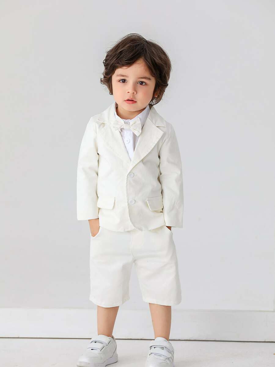 BOARNSEORL 男婴绅士套装三件套 - 白色长袖衬衫、领结西装外套和短裤，时尚百搭，适合生日派对、婚礼等场合。