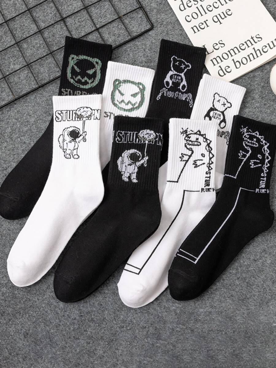 8pairs Men's Plain Creative Funny Expression Pattern Mid-Calf Socks - Multicolor - View 1