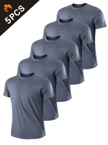 5PCS Gray Men's Solid Color Ultralight Quick Dry Sport T-Shirt, Breathable Lightweight Top For Fitness Gym Clothes Men Basic T Shirt - Grey - View 2