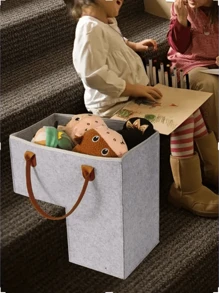 Felt Portable Storage Bag/Staircase Home Storage Bucket/Toy Storage Box With Leather Handle - light grey - View 1