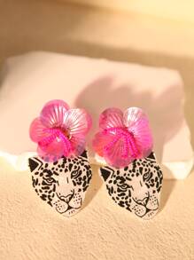 可愛的誇張美洲豹造型耳環,適合作為女性禮物,黑白配色仿貝殼效果,材質為亞克力 - 動物豹頭搭配亮粉色亮片花朵 - 查看 5
