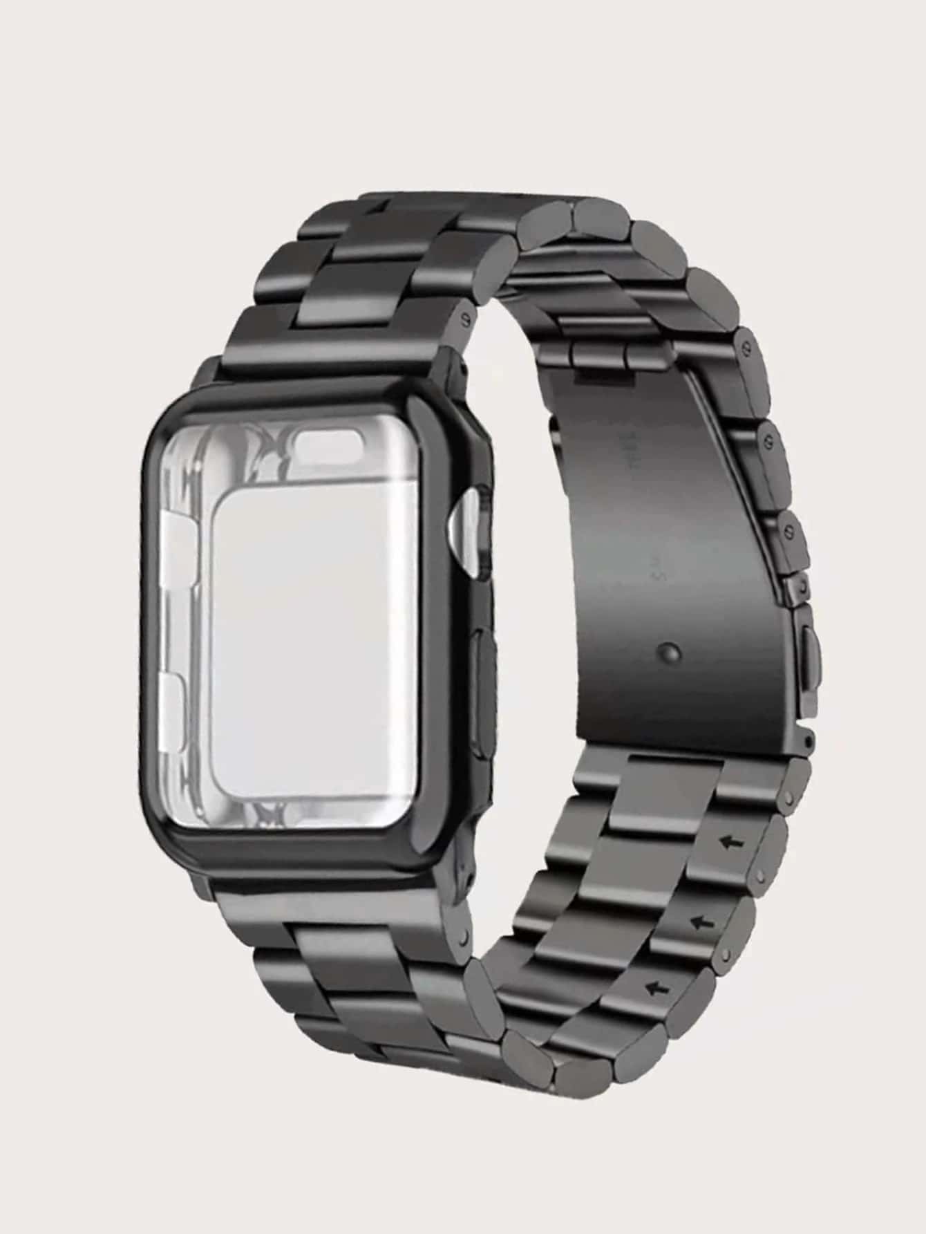 1入組黑色金屬三環錶帶和防摔屏保護套裝，適用於蘋果手錶40mm 41mm 44mm 45mm系列Se/8/7/6/5/4