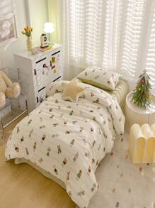 Conjunto De Ropa De Cama De Osito De Dibujo Animado Simple Y De Moda, 4 Piezas - Beis - Ver 3