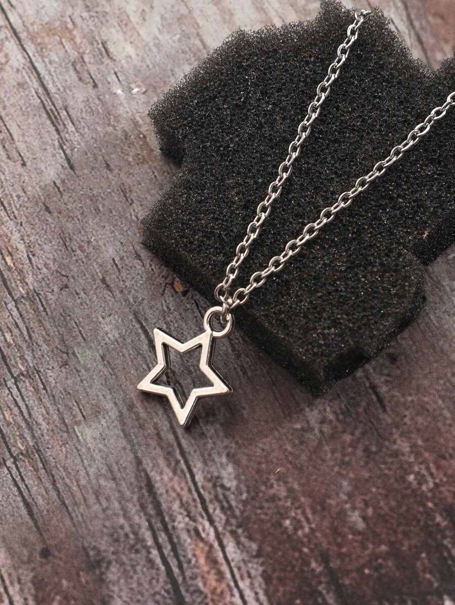 Collar En Forma De Colgante De Estrella Grande De Estilo Gótico Vintage Con Cadena De Acero Inoxidable - Plateado - Ver 1