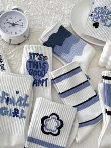 4pairs Random Women's Striped & Floral Pattern Mid-calf Socks For Daily Wear