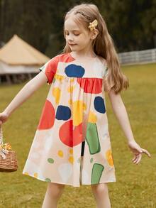 Vestido evasé con estampado gráfico de niña preadolescente - Multicolor - Ver 4