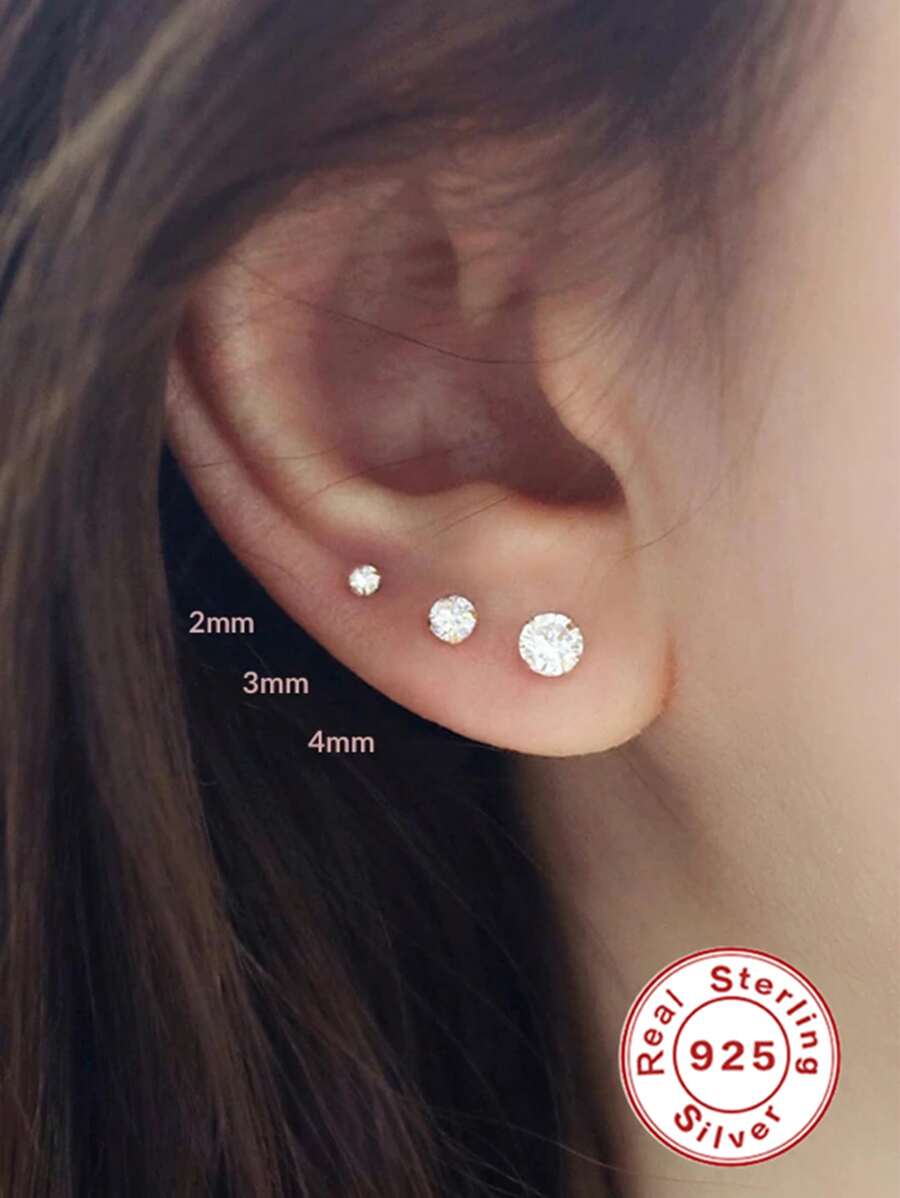 3入組可愛的花朵925純銀耳釘，女士耳釘軟骨飾品婚禮派對18K金節日禮物珠寶