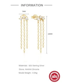 1 đôi 925 sterling bạc Ba Tua Dài Bông tai stud Khối Zirconia  Dangles Hoa tai Đối với phụ nữ Thời trang Tốt Hoa tai Đồ trang sức - Vàng - Xem 2
