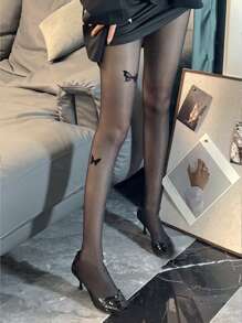 蝴蝶圖案透明舒適尼龍連褲襪,適用於夏秋季日常穿著