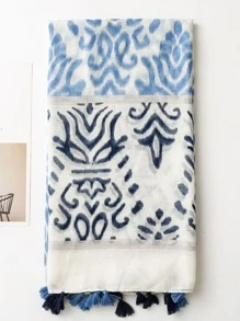 波西米亚风简约印花女士围巾，秋冬新款，保暖防紫外线，多功能颈套披肩配饰 - 藍白色 - 查看 4