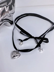 1 件黑色绳爱心与酷字母细节领结颈链情人节 - 黑色 - 查看 5