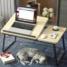 1pc Walnut-color Simple Height Adjustable Folding Desk Panel, Bedside Table, Multifunctional Study Computer Desk - Apricot - View 1