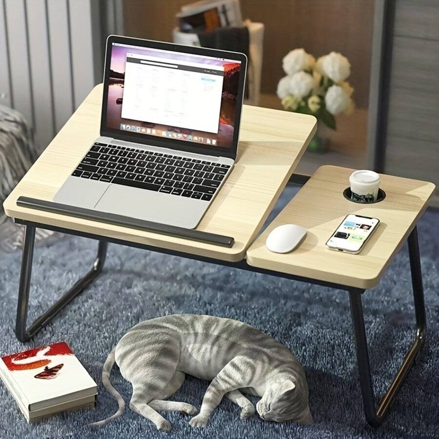 1pc Walnut-color Simple Height Adjustable Folding Desk Panel, Bedside Table, Multifunctional Study Computer Desk - Apricot - View 1
