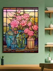 窗邊的玫瑰5d鑽石畫拼貼diy鑽石刺繡全圓形鑽石畫壁藝家居裝飾十字繡套裝,適用於客廳 - 彩色 - 查看 2