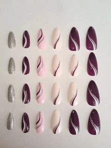 24 Piezas Uñas Postizas Cortas En Forma De Almendra Con Diseño De Varias Bandas De Colores Y Ondulaciones De Agua En Un Tono Oscuro De Morado, Que Incluyen Pegamento Tipo Jelly, Una Lima Para Uñas Y Un Palillo De Madera - Multicolor - Ver 2