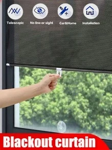 1入組遮陽卷簾窗簾遮光窗簾吸盤免打孔收縮式窗口廚房卷簾用於臥室 - 黑色 - 查看 2