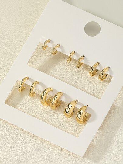 1 Set Of 6 Pairs Fashionable Zinc Alloy Gold-plated Metal Textured Large C Design Hoop Earrings Minimalist Style Simple Ear Jewelry Suitable For Women's Daily Wear