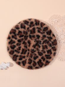 1入組女性豹紋毛絨保暖&時尚貝雷帽帽在歐美風格,合適的適用於節日,派對,戶外運動和日常穿著