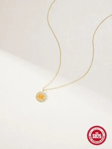 1件s925純銀ins風格圓盤鑲鑽趣味蝴蝶滴油女士項鍊