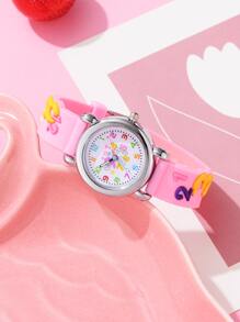 4pcs Girls' Pink Silicone Strap Quartz Watch With Cute Style Set, Including Beaded Butterfly Pattern Necklace, Bracelet And Ring, Suitable For 5-12 Years Old