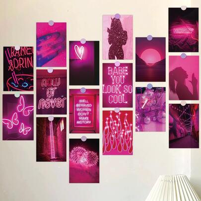 50張粉紅霓虹審美照片牆拼貼套件,美學海報適用於宿舍照片裝飾,男女士牆藝術印刷品,海報收藏,青少年臥室裝飾,明信片