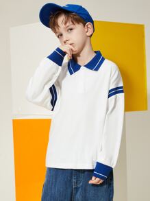 男孩條紋印花落肩袖POLO衫 - 白色 - 查看 8