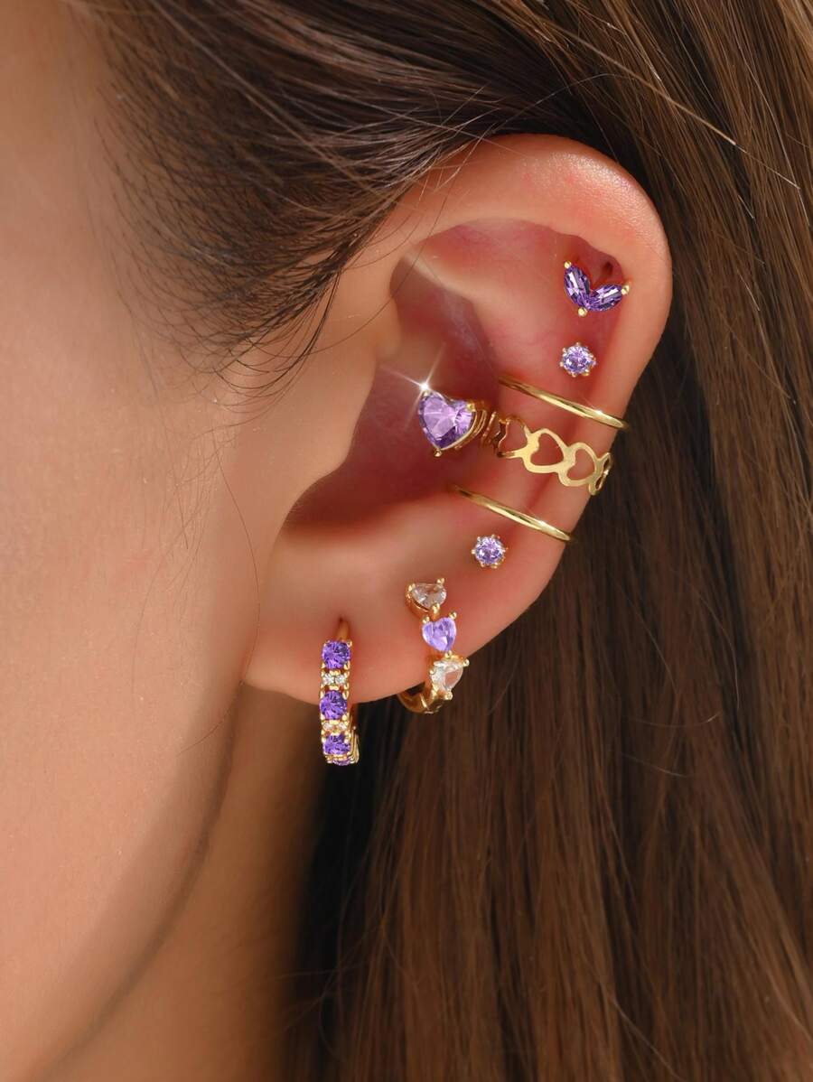 8pcs/Set Fashionable Elegant Rose Red Heart & Cubic Zirconia Decor Earring Set For Women, Suitable For Daily Wear, Party, Festival Valentines,Mom,Mother,Mother's Day,Gift